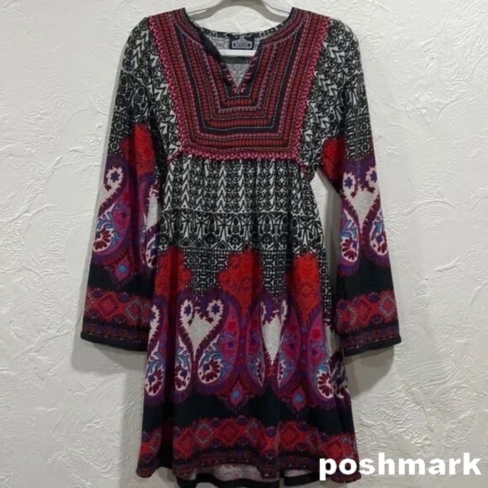 Angie Red and Blue Bell Sleeve Mini Dress